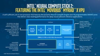 Intel® Neural Compute Stick 2 69
CMX (2.5 MB to 450 GB/s Bandwidth)
Neural
Compute
Engine
CV
Accelerat-
ion
Pixel
Processin
g
System Support
Functions
Interfaces
16 SHAVE
Programmable Cores
CPU
Cluster
RT
RISC
LPDDR
AON
Intel®NeuralComputestick2:
Featuringtheintel®Movidius™myriad™xvpu
System support
functions operate
frames, tiles, CODEC,
compression and
security
Homogeneous memory
design for low-power,
UL latency, sustained
High Performance, and
locally stored data
VLIW (DSP)
programmable
processors are
optimized for complex
vision & imaging
workloads
An entirely new deep
neural network (DNN)
inferencing engine that
offers flexible
interconnect and ease of
configuration for on-
device DNNs and
computer vision
applications
RISC Processors, RTOS
Schedulers, Pipeline
Managers, Sensor
Control Frameworks
A self-sufficient, all-in-one processor that features the powerful Neural Compute Engine and 16 programmable SHAVE cores
that deliver class-leading performance for deep neural network inference applications.
 