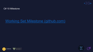 <30/>
C# 10 Milestone
Working Set Milestone (github.com)
 