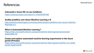 ▪ Colocando o Azure ML no seu Cotidiano
▪ https://www.youtube.com/watch?v=CNsH2PKPnWI
▪ Análise preditiva com Azure Machine Learning e R
▪ http://www.livrosdonogare.com.br/produto/analise-preditiva-com-azure-machine-
learning-e-r/
▪ What is Automated Machine Learning ?
https://docs.microsoft.com/en-us/azure/machine-learning/service/concept-
automated-ml
▪ Create and explore automated machine learning experiments in the Azure
portal (Preview)
https://docs.microsoft.com/en-us/azure/machine-learning/service/how-to-create-
portal-experiments
Referencias
 