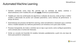 Automated Machine Learning
✓ Também conhecido como Auto ML, permite que os cientistas de dados, analistas e
desenvolvedores criem modelos ML com alta escala, eficiência e produtividade;
✓ Trabalha por meio de combinações de algoritmos e seleções de recursos, onde ao final, o melhor
modelo e selecionado de acordo com variados parametros, como metricas de performance e
tempo de treino;
✓ Automatizacao do processo de Machine Learning, onde normalmente e necessario que o cientista
treine o modelo baseado nos melhores parametros com tentativa e erro para cada modelo.
✓ Processo transparente, de modo o cientista nao so veja o que ocorre, como configure parametros
como variaveis alvo e numero de interacoes;
✓ Similar ao conceito de Ensemble (N modelos treinados paralelamente a partir de uma base de
treino para posterior comparacao).
 