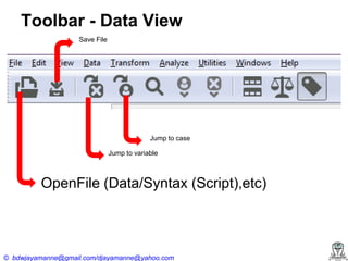 Toolbar - Data View
Save File

Jump to case
Jump to variable

OpenFile (Data/Syntax (Script),etc)

© bdwjayamanne@gmail.com/djayamanne@yahoo.com

 