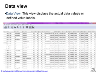 Data view
•Data View. This view displays the actual data values or
defined value labels.

© bdwjayamanne@gmail.com/djayamanne@yahoo.com

 