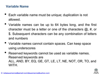 Variable Name

•
•
•
•

Each variable name must be unique; duplication is not
allowed.
Variable names can be up to 64 bytes long, and the first
character must be a letter or one of the characters @, #, or
$. Subsequent characters can be any combination of letters
and numbers
Variable names cannot contain spaces. Can keep space
using underscores
Reserved keywords cannot be used as variable names.
Reserved keywords are
ALL, AND, BY, EQ, GE, GT, LE, LT, NE, NOT, OR, TO, and
WITH.

© bdwjayamanne@gmail.com/djayamanne@yahoo.com

 
