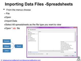 Importing Data Files -Spreadsheets
•

From the menus choose

– File
»Open

»Import Data
»Select All spreadsheets as the file type you want to view
»Open *.xls file

Access
DBsae

Excel

Other

© bdwjayamanne@gmail.com/djayamanne@yahoo.com

 