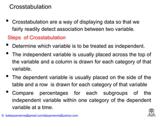Crosstabulation

•

Crosstabulation are a way of displaying data so that we
fairly readily detect association between two variable.

Steps of Crosstabulation

•
•
•
•

Determine which variable is to be treated as independent.
The independent variable is usually placed across the top of
the variable and a column is drawn for each category of that
variable.
The dependent variable is usually placed on the side of the
table and a row is drawn for each category of that variable
Compare percentages for each subgroups of the
independent variable within one category of the dependent
variable at a time.

© bdwjayamanne@gmail.com/djayamanne@yahoo.com

 