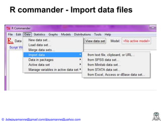 R commander - Import data files

© bdwjayamanne@gmail.com/djayamanne@yahoo.com

 