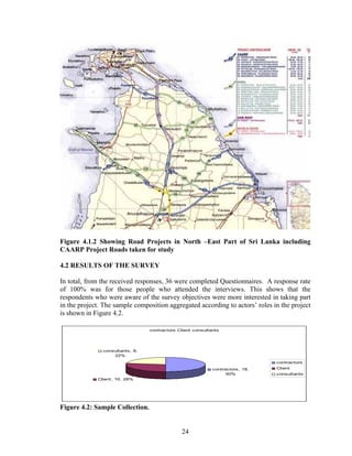 24
Figure 4.1.2 Showing Road Projects in North –East Part of Sri Lanka including
CAARP Project Roads taken for study
4.2 RESULTS OF THE SURVEY
In total, from the received responses, 36 were completed Questionnaires. A response rate
of 100% was for those people who attended the interviews. This shows that the
respondents who were aware of the survey objectives were more interested in taking part
in the project. The sample composition aggregated according to actors’ roles in the project
is shown in Figure 4.2.
contractors Client consultants
contractors, 18,
50%
Client, 10, 28%
consultants, 8,
22%
contractors
Client
consultants
Figure 4.2: Sample Collection.
 