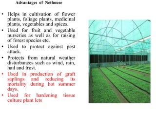 Application of Nethouse
• Nursery propagation, floriculture, indoor plants, vegetables,
tea, coffee, spices.
• Hardening o...