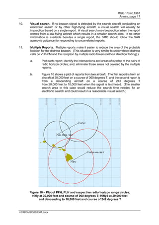 MSC.1/Circ.1367
Annex, page 17
I:CIRCMSC011367.docx
10. Visual search. If no beacon signal is detected by the search aircraft conducting an
electronic search or by other high-flying aircraft, a visual search will usually be
impractical based on a single report. A visual search may be practical when the report
comes from a low-flying aircraft which results in a smaller search area. If no other
information is available besides a single report, the SMC should follow the SAR
agency's guidance for responding to uncorrelated reports.
11. Multiple Reports. Multiple reports make it easier to reduce the area of the probable
location for the distress beacon. (This situation is very similar to uncorrelated distress
calls on VHF-FM and the reception by multiple radio towers (without direction finding).)
a. Plot each report; identify the intersections and areas of overlap of the pairs of
radio horizon circles; and, eliminate those areas not covered by the multiple
reports.
b. Figure 10 shows a plot of reports from two aircraft. The first report is from an
aircraft at 30,000 feet on a course of 060 degrees T, and the second report is
from a descending aircraft on a course of 242 degrees T
from 20,000 feet to 10,000 feet when the signal is last heard. (The smaller
search area in this case would reduce the search time needed for an
electronic search and could result in a reasonable visual search.)
Figure 10 – Plot of PFH, PLH and respective radio horizon range circles;
Hifly at 30,000 feet and course of 060 degrees T; Hifly2 at 20,000 feet
and descending to 10,000 feet and course of 242 degrees T
 