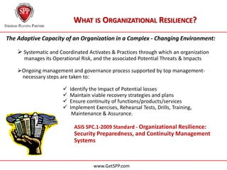 WHAT IS ORGANIZATIONAL RESILIENCE?

The Adaptive Capacity of an Organization in a Complex - Changing Environment:

     Systematic and Coordinated Activates & Practices through which an organization
    …..manages its Operational Risk, and the associated Potential Threats & Impacts

    Ongoing management and governance process supported by top management-
    ….necessary steps are taken to:

                        Identify the Impact of Potential losses
                        Maintain viable recovery strategies and plans
                        Ensure continuity of functions/products/services
                        Implement Exercises, Rehearsal Tests, Drills, Training,
                       …...Maintenance & Assurance.

                            ASIS SPC.1-2009 Standard - Organizational Resilience:
                            Security Preparedness, and Continuity Management
                            Systems


                                    www.GetSPP.com
 