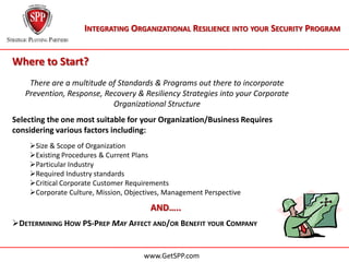 INTEGRATING ORGANIZATIONAL RESILIENCE INTO YOUR SECURITY PROGRAM


Where to Start?
    There are a multitude of Standards & Programs out there to incorporate
   Prevention, Response, Recovery & Resiliency Strategies into your Corporate
                           Organizational Structure
Selecting the one most suitable for your Organization/Business Requires
considering various factors including:
    Size & Scope of Organization
    Existing Procedures & Current Plans
    Particular Industry
    Required Industry standards
    Critical Corporate Customer Requirements
    Corporate Culture, Mission, Objectives, Management Perspective

                                        AND…..
DETERMINING HOW PS-PREP MAY AFFECT AND/OR BENEFIT YOUR COMPANY


                                      www.GetSPP.com
 