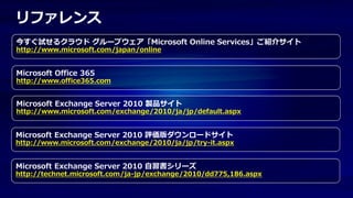 リファレンス
今すぐ試せるクラウド グループウェア「Microsoft Online Services」ご紹介サイト
http://www.microsoft.com/japan/online


Microsoft Office 365
http://www.office365.com


Microsoft Exchange Server 2010 製品サイト
http://www.microsoft.com/exchange/2010/ja/jp/default.aspx


Microsoft Exchange Server 2010 評価版ダウンロードサイト
http://www.microsoft.com/exchange/2010/ja/jp/try-it.aspx


Microsoft Exchange Server 2010 自習書シリーズ
http://technet.microsoft.com/ja-jp/exchange/2010/dd775,186.aspx
 