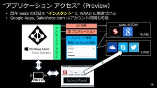 “アプリケーション アクセス”（Preview）
• 既存 SaaS の認証を “インスタント” に WAAD に関連づける
• Google Apps, Salesforce.com はアカウント同期も可能
ア
プ
リ
ケ
ー
シ
ョ
ン
ア
ク
セ
ス

Active Directory

ID 同期
ID フェデレーション

パスワード連携

SAML対応RP
その他

事前にID/Passを登録
その他

②
①

Access Panel
19

 