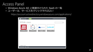 Access Panel
• Windows Azure AD と関連付けられた SaaS の一覧
• ユーザーは、サービスをクリックすればよい
https://account.activedirectory.windowsazure.com/applications/

20

 