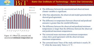 Faculty of Civil and Water Resource Engineering
 The difference between the uncorrected and observed mean
climate variables is significant.
 After bias adjustments, the observed and model-generated data
showed good agreement.
 The difference in temperature between observed and predicted
amounts is greater than the rainfall difference.
 The difference between the observed and predicted minimum
temperatures is larger than the difference between the observed
and predicted maximum temperatures.
 The corrected mean maximum and minimum temperature
values show good agreement with the observed mean
maximum temperatures.
 The corrected mean Tmax of the study sub-basin is nearly 28
°C while the mean daily Tmin is 11 °C.
0.0
2.0
4.0
6.0
8.0
10.0
12.0
14.0
16.0
Tmin(oC)
Month
Min temp
corrected
uncorrected
Figure. 4.1: Observed, corrected, and
uncorrected minimum temperature (c)
 
