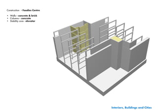 Construction - Foodies Centre

•	 Walls - concrete & brick
•	 Columns - concrete
•	 Stability core - elevator




                                Interiors, Buildings and Cities
 