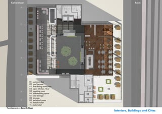Kalverstraat                                                                                    Rokin


                                                           11
                                                      10




                         02
                                                                           05

                                          01



                                                                      03




                                                                 04




                                                                06
                         01. exclusive bar
                         02. roof terrace
                         03.	fine-dining	restaurant
                         04. open kitchen / bar                  07             02
                         05. meeting room
                         06. dishwashing space                  08
                         07. cold storage
                         08. storage
                         09. technical room                     09
                         10. female toilet
                         11. male toilet
Foodies centre - Fourth floor
                                                                                     Interiors, Buildings and Cities
 