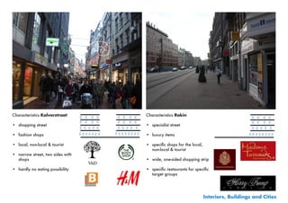 Characteristics Kalverstraat       Characteristics Rokin

•	 shopping street                 •	 specialist street

•	 fashion shops                   •	 luxury items

•	 local, non-local & tourist      •	 specific	shops	for	the	local,	
                                      non-local & tourist
•	 narrow street, two sides with
   shops                           •	 wide, one-sided shopping strip

•	 hardly no eating possibility    •	 specific	restaurants	for	specific	
                                      target groups




                                                                    Interiors, Buildings and Cities
 