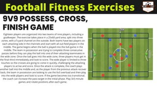 9V9 POSSESS, CROSS,
FINISH GAME
Eighteen players are organized into two teams of nine players, including a
goalkeeper. The exercise takes place in a 25x60 yard area, split into three
zones, with a 5-yard channel on the outside. Both teams have two players on
each attacking side in the channels and start with all out-field players in the
middle. The game begins when the ball is played into the 6v6 game in the
middle. The team in possession are trying to complete three consecutive
passes before they can play the ball into one of their attacking teammates in
the wide zone. Once the ball goes into the wide zone, three players must get in
the final third immediately and look to score. The wide player is limited to three
touches so the crosses are going to come in quickly, challenging the attacking
players to arrive and score. Once the attack is complete, the coach plays
another ball into the middle and, as the player from the previous attack recover
back, the team in possession are looking to use the 6v3 overload and then play
into the wide players and look to score. If the game becomes too transitional,
the coach can increase the pass target in the initial phase. Play 3x5 minute
games and rotate positions after each game.
Football Fitness Exercises
 