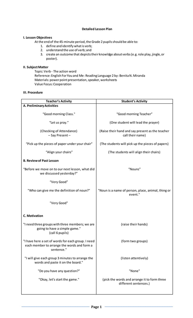 Detailed Lesson Plan in English 2 (Verbs) PDF