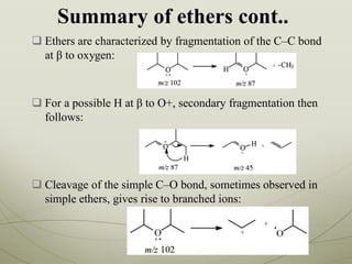 Summary of ethers cont..
 Ethers are characterized by fragmentation of the C–C bond
at β to oxygen:
 For a possible H at β to O+, secondary fragmentation then
follows:
 Cleavage of the simple C–O bond, sometimes observed in
simple ethers, gives rise to branched ions:
 