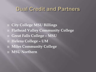    City College MSU Billings
   Flathead Valley Community College
   Great Falls College – MSU
   Helena College – UM
   Miles Community College
   MSU Northern
 