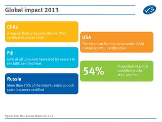 Global impact 2013 
Chile 
A mussel fishery became the first MSC- certified fishery in Chile 
Fiji 
65% of all tuna now ha...