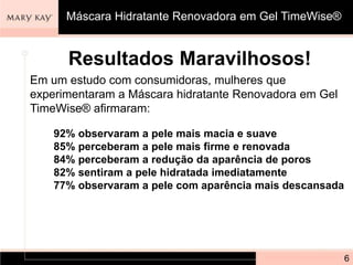 Resultados Maravilhosos!
Em um estudo com consumidoras, mulheres que
experimentaram a Máscara hidratante Renovadora em Gel
TimeWise® afirmaram:
92% observaram a pele mais macia e suave
85% perceberam a pele mais firme e renovada
84% perceberam a redução da aparência de poros
82% sentiram a pele hidratada imediatamente
77% observaram a pele com aparência mais descansada
6
Máscara Hidratante Renovadora em Gel TimeWise®
 
