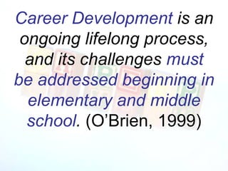 Career Development is an
 ongoing lifelong process,
  and its challenges must
be addressed beginning in
  elementary and middle
  school. (O’Brien, 1999)
 