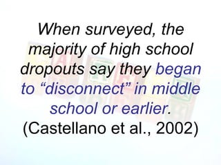 When surveyed, the
 majority of high school
dropouts say they began
to “disconnect” in middle
     school or earlier.
(Castellano et al., 2002)
 