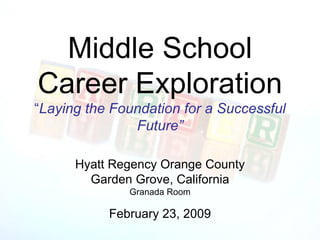 Middle School Career Exploration “ Laying the Foundation for a Successful Future” ,[object Object],[object Object],[object Object],[object Object]
