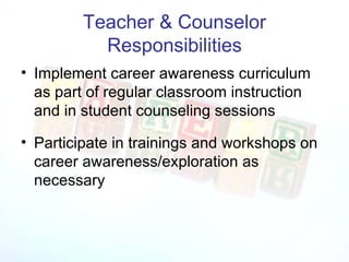 Teacher & Counselor Responsibilities Implement career awareness curriculum as part of regular classroom instruction and in student counseling sessions Participate in trainings and workshops on career awareness/exploration as necessary 
