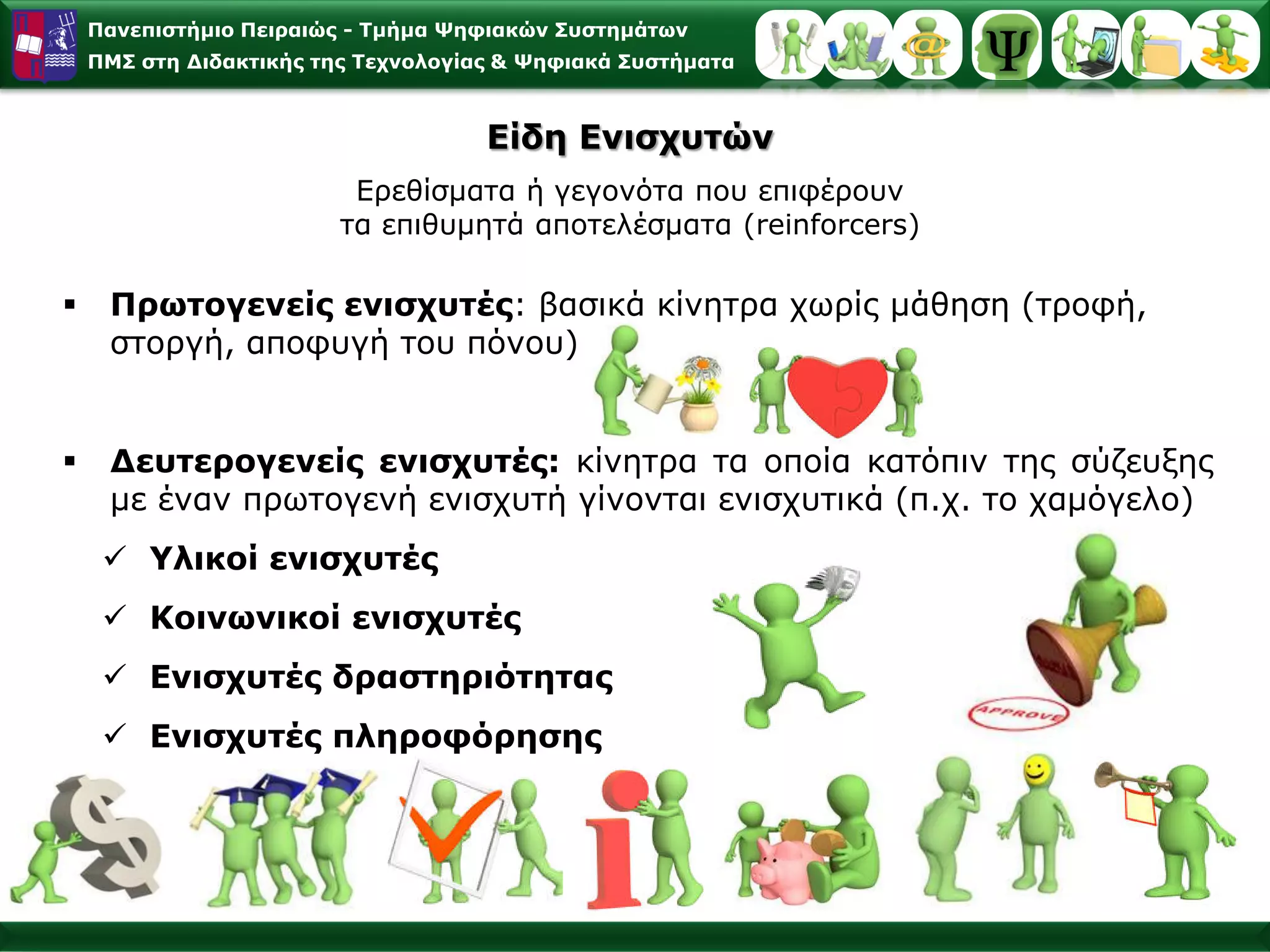 Παλεπηζηήκην Πεηξαηώο - Σκήκα Φεθηαθώλ ΢πζηεκάησλ
    ΠΜ΢ ζηε Γηδαθηηθήο ηεο Σερλνινγίαο & Φεθηαθά ΢πζηήκαηα



                                     Δίδε Δληζρπηώλ
                          Δξεζίζκαηα ή γεγνλόηα πνπ επηθέξνπλ
                         ηα επηζπκεηά απνηειέζκαηα (reinforcers)

    Πξσηνγελείο εληζρπηέο: βαζηθά θίλεηξα ρσξίο κάζεζε (ηξνθή,
     ζηνξγή, απνθπγή ηνπ πόλνπ)


    Γεπηεξνγελείο εληζρπηέο: θίλεηξα ηα νπνία θαηόπηλ ηεο ζύδεπμεο
     κε έλαλ πξσηνγελή εληζρπηή γίλνληαη εληζρπηηθά (π.ρ. ην ρακόγειν)
      Τιηθνί εληζρπηέο
      Κνηλσληθνί εληζρπηέο
      Δληζρπηέο δξαζηεξηόηεηαο
      Δληζρπηέο πιεξνθόξεζεο
 