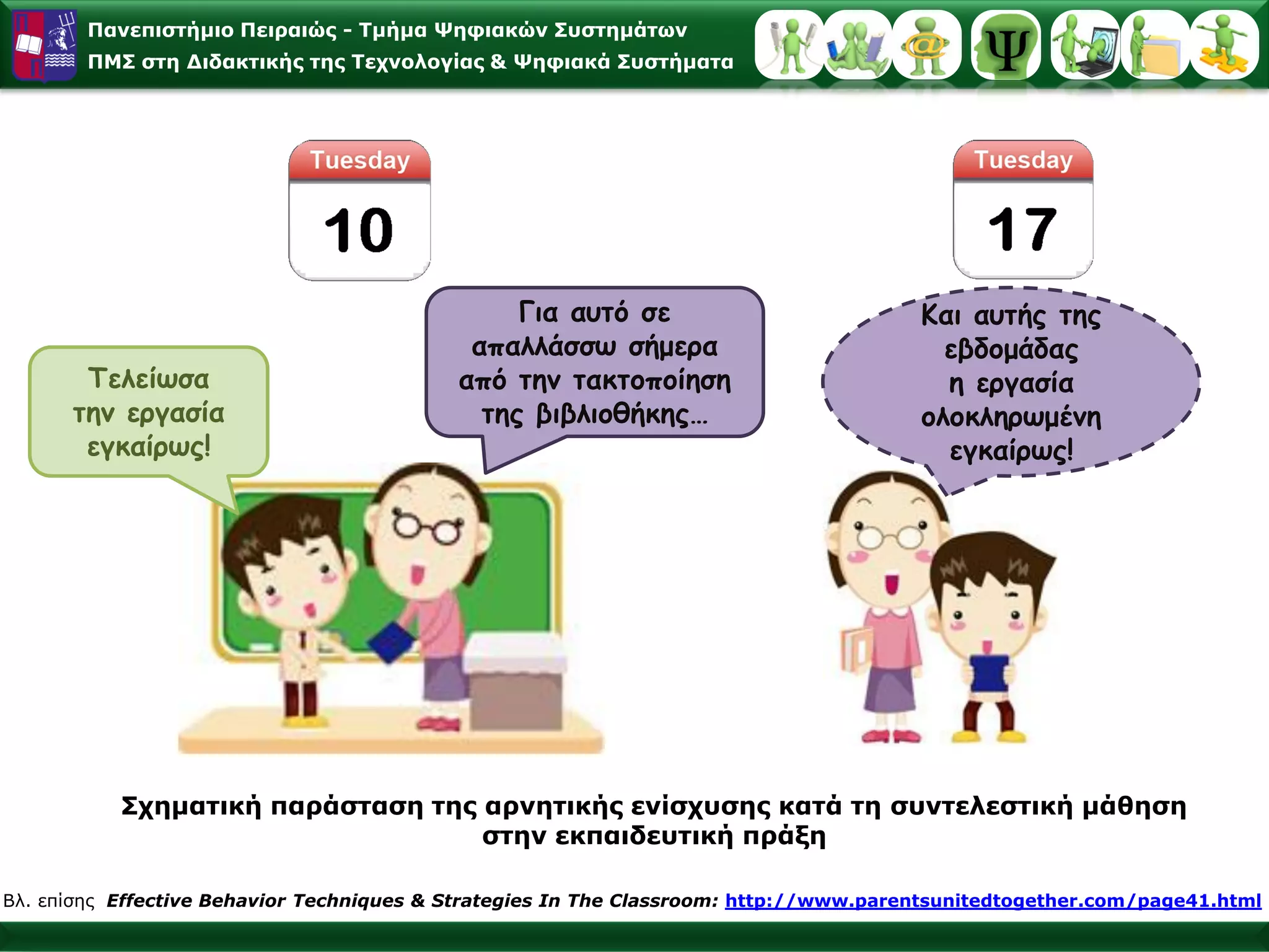 Παλεπηζηήκην Πεηξαηώο - Σκήκα Φεθηαθώλ ΢πζηεκάησλ
        ΠΜ΢ ζηε Γηδαθηηθήο ηεο Σερλνινγίαο & Φεθηαθά ΢πζηήκαηα




                                                Για ασηό ζε                            Και ασηής ηης
                                            απαλλάζζω ζήμερα                             εβδομάδας
       Τελείωζα                            από ηημ ηακηοποίηζη                           η εργαζία
      ηημ εργαζία                            ηης βιβλιοθήκης…                          ολοκληρωμέμη
       εγκαίρως!                                                                         εγκαίρως!




           ΢ρεκαηηθή παξάζηαζε ηεο αξλεηηθήο ελίζρπζεο θαηά ηε ζπληειεζηηθή κάζεζε
                                   ζηελ εθπαηδεπηηθή πξάμε

Βι. επίζεο Effective Behavior Techniques & Strategies In The Classroom: http://www.parentsunitedtogether.com/page41.html
 