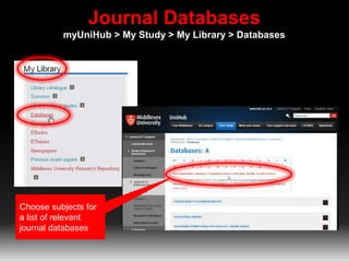 Journal Databases 
myUniHub > My Study > My Library > Databases 
Choose subjects for 
a list of relevant 
journal databases 
 