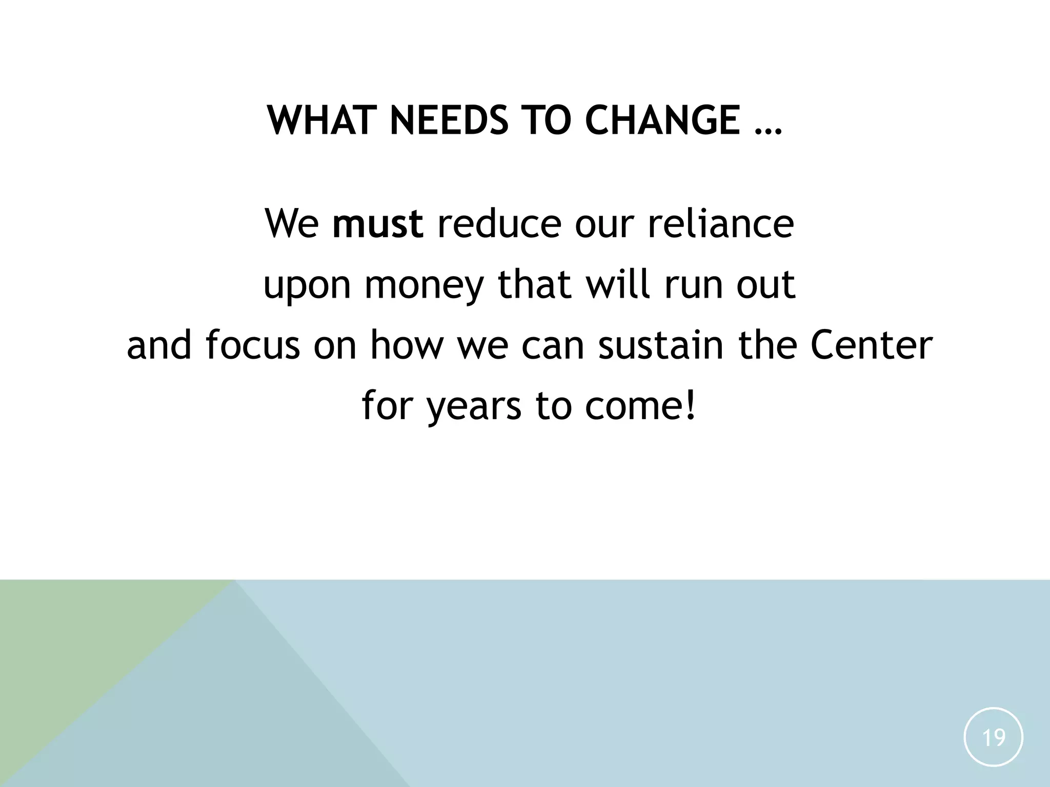 We must reduce our reliance
upon money that will run out
and focus on how we can sustain the Center
for years to come!
19
WHAT NEEDS TO CHANGE …
 