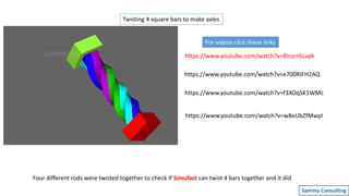 Twisting 4 square bars to make axles
Sammy Consulting
Four different rods were twisted together to check if Simufact can twist 4 bars together and it did
https://www.youtube.com/watch?v=8IrorrGLvpk
For videos click these links
https://www.youtube.com/watch?v=e700RIFH2AQ
https://www.youtube.com/watch?v=f3XOqSK1WMc
https://www.youtube.com/watch?v=w8eUbZfMwpI
 