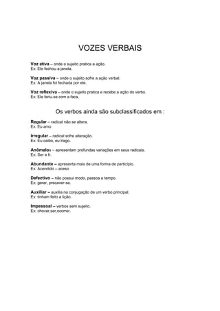 VOZES VERBAIS
Voz ativa – onde o sujeito pratica a ação.
Ex: Ele fechou a janela.
Voz passiva – onde o sujeito sofre a ação verbal.
Ex: A janela foi fechada por ele.
Voz reflexiva – onde o sujeito pratica e recebe a ação do verbo.
Ex: Ele feriu-se com a faca.
Os verbos ainda são subclassificados em :
Regular – radical não se altera.
Ex: Eu amo
Irregular – radical sofre alteração.
Ex: Eu caibo, eu trago.
Anômalos – apresentam profundas variações em seus radicais.
Ex: Ser e Ir.
Abundante – apresenta mais de uma forma de particípio.
Ex: Acendido – aceso
Defectivo – não possui modo, pessoa e tempo.
Ex: gerar, precaver-se.
Auxiliar – auxilia na conjugação de um verbo principal.
Ex: tinham feito a lição.
Impessoal – verbos sem sujeito.
Ex: chover,ser,ocorrer.
 