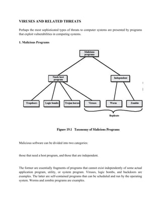 VIRUSES AND RELATED THREATS
Perhaps the most sophisticated types of threats to computer systems are presented by programs
that exploit vulnerabilities in computing systems.
1. Malicious Programs
Malicious software can be divided into two categories:
those that need a host program, and those that are independent.
The former are essentially fragments of programs that cannot exist independently of some actual
application program, utility, or system program. Viruses, logic bombs, and backdoors are
examples. The latter are self-contained programs that can be scheduled and run by the operating
system. Worms and zombie programs are examples.
 