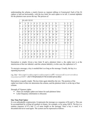 understanding the scheme, a matrix known as vigenere tableau is Constructed. Each of the 26
ciphers is laid out horizontally, with the key letter for each cipher to its left. A normal alphabet
for the plaintext runs across the top. The process of
Encryption is simple: Given a key letter X and a plaintext letter y, the cipher text is at the
intersection of the row labeled x and the column labeled y; in this case, the ciphertext is V.
To encrypt a message, a key is needed that is as long as the message. Usually, the key is a
repeating keyword.
e.g., key = d e c e p t i v e d e c e p t i v e d e c e p t i v e PT = w e a r e d i s c o v e r e d s a
v e y o u r s e l f CT = ZICVTWQNGRZGVTWAVZHCQYGLMGJ
Decryption is equally simple. The key letter again identifies the row. The position of the
cipher text letter in that row determines the column, and the plaintext letter is at the top of that
column.
Strength of Vigenere cipher
 There are multiple cipher text letters for each plaintext letter.
 Letter frequency information is obscured.
One Time Pad Cipher
It is an unbreakable cryptosystem. It represents the message as a sequence of 0s and 1s. This can
be accomplished by writing all numbers in binary, for example, or by using ASCII. The key is a
random sequence of 0 s and 1 s of same length as the message. Once a key is used, it is
‟ (since a=0, b=1, c=2 and so on). To aid in ‟ (since a=0, b=1, c=2 and so on). To aid in
discarded and never used again. The system can be expressed as follows:
 