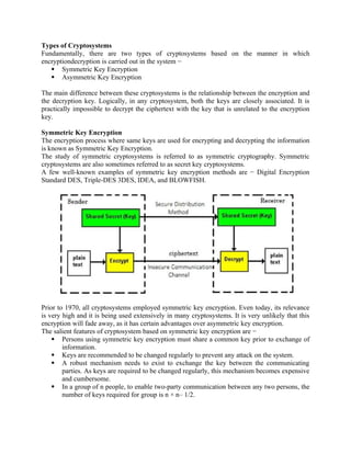 Types of Cryptosystems
Fundamentally, there are two types of cryptosystems based on the manner in which
encryptiondecryption is carried out in the system −
 Symmetric Key Encryption
 Asymmetric Key Encryption
The main difference between these cryptosystems is the relationship between the encryption and
the decryption key. Logically, in any cryptosystem, both the keys are closely associated. It is
practically impossible to decrypt the ciphertext with the key that is unrelated to the encryption
key.
Symmetric Key Encryption
The encryption process where same keys are used for encrypting and decrypting the information
is known as Symmetric Key Encryption.
The study of symmetric cryptosystems is referred to as symmetric cryptography. Symmetric
cryptosystems are also sometimes referred to as secret key cryptosystems.
A few well-known examples of symmetric key encryption methods are − Digital Encryption
Standard DES, Triple-DES 3DES, IDEA, and BLOWFISH.
Prior to 1970, all cryptosystems employed symmetric key encryption. Even today, its relevance
is very high and it is being used extensively in many cryptosystems. It is very unlikely that this
encryption will fade away, as it has certain advantages over asymmetric key encryption.
The salient features of cryptosystem based on symmetric key encryption are −
 Persons using symmetric key encryption must share a common key prior to exchange of
information.
 Keys are recommended to be changed regularly to prevent any attack on the system.
 A robust mechanism needs to exist to exchange the key between the communicating
parties. As keys are required to be changed regularly, this mechanism becomes expensive
and cumbersome.
 In a group of n people, to enable two-party communication between any two persons, the
number of keys required for group is n × n– 1/2.
 