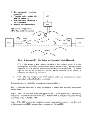 FEP
FEP
Host
KDC
FEP
Host
1
2
3
4
Network
1. Host sends packet requesting
connection
2. Front end buffers packet: asks
KDC for session key
3. KDC distributes session key to
both front ends
4. Buffered packet transmitted
FEP =Front-end processor
KDC =key distribution center
Figure 4 Automatic Key Distribution for Connection-Oriented Protocol
1. KDC – Also known as key exchange authority or key exchange center, determine
which systems are allowed to communicate with each other securely. When permission
is granted, the KDC provides a one-time session key for that connection. The session
keys are used for the duration of a session. At the conclusion of the session, or
connection, the session key is destroyed.
2. FEP – The front-end procession (FEP) performs end-to-end encryption and obtains
session keys on behalf of its host on terminal.
The steps involved in establishing a connection are shown in Fig. 4.
Step 1 – When one host wishes to set up a connection to another host, it transmit a connection
sequent packet.
Step 2 – The FEP saves that packet and applies to the KDC for permission to establish the
connection. The communications between the FEP and the KDC is encrypted using a master key
shared only by the FEP and the KDC.
Step 3 – If the KDC approves the connection sequent, it generates the session key and delivers it
to the two appropriate FEPs, using a unique permanent key for each FEP.
 