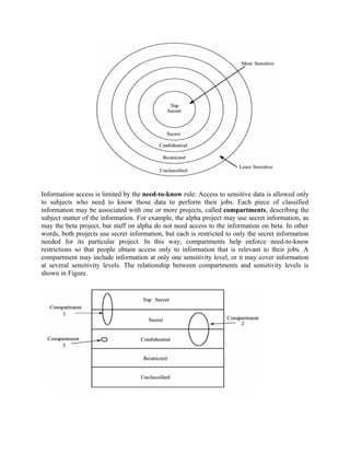 Information access is limited by the need-to-know rule: Access to sensitive data is allowed only
to subjects who need to know those data to perform their jobs. Each piece of classified
information may be associated with one or more projects, called compartments, describing the
subject matter of the information. For example, the alpha project may use secret information, as
may the beta project, but staff on alpha do not need access to the information on beta. In other
words, both projects use secret information, but each is restricted to only the secret information
needed for its particular project. In this way, compartments help enforce need-to-know
restrictions so that people obtain access only to information that is relevant to their jobs. A
compartment may include information at only one sensitivity level, or it may cover information
at several sensitivity levels. The relationship between compartments and sensitivity levels is
shown in Figure.
 