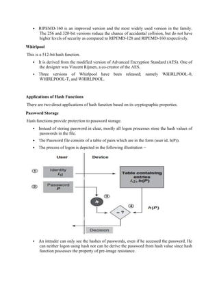  RIPEMD-160 is an improved version and the most widely used version in the family.
The 256 and 320-bit versions reduce the chance of accidental collision, but do not have
higher levels of security as compared to RIPEMD-128 and RIPEMD-160 respectively.
Whirlpool
This is a 512-bit hash function.
 It is derived from the modified version of Advanced Encryption Standard (AES). One of
the designer was Vincent Rijmen, a co-creator of the AES.
 Three versions of Whirlpool have been released; namely WHIRLPOOL-0,
WHIRLPOOL-T, and WHIRLPOOL.
Applications of Hash Functions
There are two direct applications of hash function based on its cryptographic properties.
Password Storage
Hash functions provide protection to password storage.
 Instead of storing password in clear, mostly all logon processes store the hash values of
passwords in the file.
 The Password file consists of a table of pairs which are in the form (user id, h(P)).
 The process of logon is depicted in the following illustration −
 An intruder can only see the hashes of passwords, even if he accessed the password. He
can neither logon using hash nor can he derive the password from hash value since hash
function possesses the property of pre-image resistance.
 
