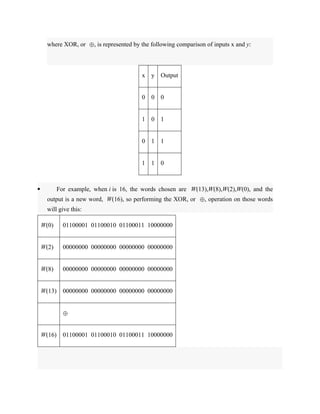 where XOR, or ⊕, is represented by the following comparison of inputs x and y:
x y Output
0 0 0
1 0 1
0 1 1
1 1 0
 For example, when i is 16, the words chosen are W(13),W(8),W(2),W(0), and the
output is a new word, W(16), so performing the XOR, or ⊕, operation on those words
will give this:
W(0) 01100001 01100010 01100011 10000000
W(2) 00000000 00000000 00000000 00000000
W(8) 00000000 00000000 00000000 00000000
W(13) 00000000 00000000 00000000 00000000
⊕
W(16) 01100001 01100010 01100011 10000000
 