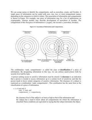We can assign names to identify the compartments, such as snowshoe, crypto, and Sweden. A
single piece of information can be coded with zero, one, two, or more compartment names,
depending on the categories to which it relates. The association of information and compartments
is shown in Figure. For example, one piece of information may be a list of publications on
cryptography, whereas another may describe development of snowshoes in Sweden. The
compartment of this first piece of information is {crypto}; the second is {snowshoe, Sweden}.
The combination <rank; compartments> is called the class or classification of a piece of
information. By designating information in this way, we can enforce need-to-know both by
security level and by topic.
A person seeking access to sensitive information must be cleared. A clearance is an indication
that a person is trusted to access information up to a certain level of sensitivity and that the
person needs to know certain categories of sensitive information. The clearance of a subject is
expressed as a combination <rank; compartments>. This combination has the same form as the
classification of a piece of information.
the clearance level of the subject is at least as high as that of the information and
the subject has a need to know about all compartments for which the information is
classified These conditions are equivalent to saying that the subject dominates the object.
 