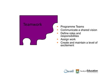 TeamworkProgramme Teams Communicate a shared visionDefine roles and responsibilitiesAssign work Create and maintain a level of excitement