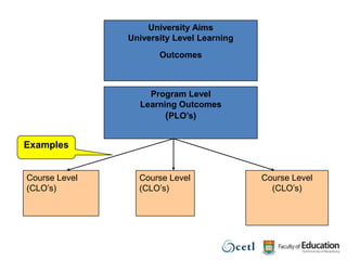 University Aims University Level Learning Outcomes Program Level Learning Outcomes (PLO’s)ExamplesCourse Level(CLO’s)Course Level(CLO’s)Course Level(CLO’s)