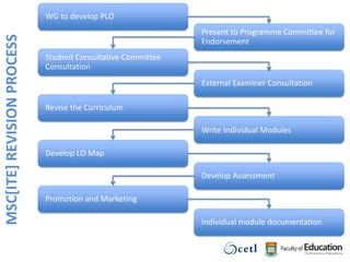WG to develop PLOPresent to Programme Committee for EndorsementStudent Consultative Committee ConsultationExternal Examiner ConsultationRevise the CurriculumWrite Individual ModulesMSC[ITE] REVISION PROCESSDevelop LO MapDevelop AssessmentPromotion and MarketingIndividual module documentation