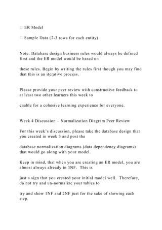 ER Model
-3 rows for each entity)
Note: Database design business rules would always be defined
first and the ER model would be based on
these rules. Begin by writing the rules first though you may find
that this is an iterative process.
Please provide your peer review with constructive feedback to
at least two other learners this week to
enable for a cohesive learning experience for everyone.
Week 4 Discussion – Normalization Diagram Peer Review
For this week’s discussion, please take the database design that
you created in week 3 and post the
database normalization diagrams (data dependency diagrams)
that would go along with your model.
Keep in mind, that when you are creating an ER model, you are
almost always already in 3NF. This is
just a sign that you created your initial model well. Therefore,
do not try and un-normalize your tables to
try and show 1NF and 2NF just for the sake of showing each
step.
 